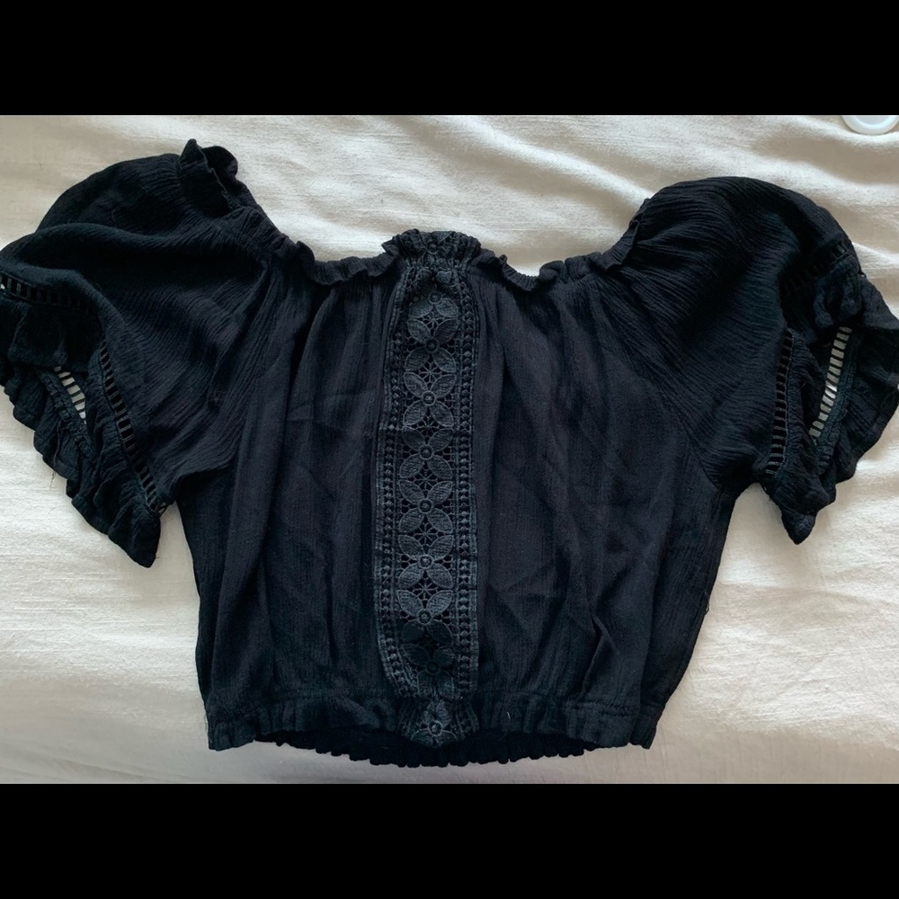Black mesh off the shoulders crop top